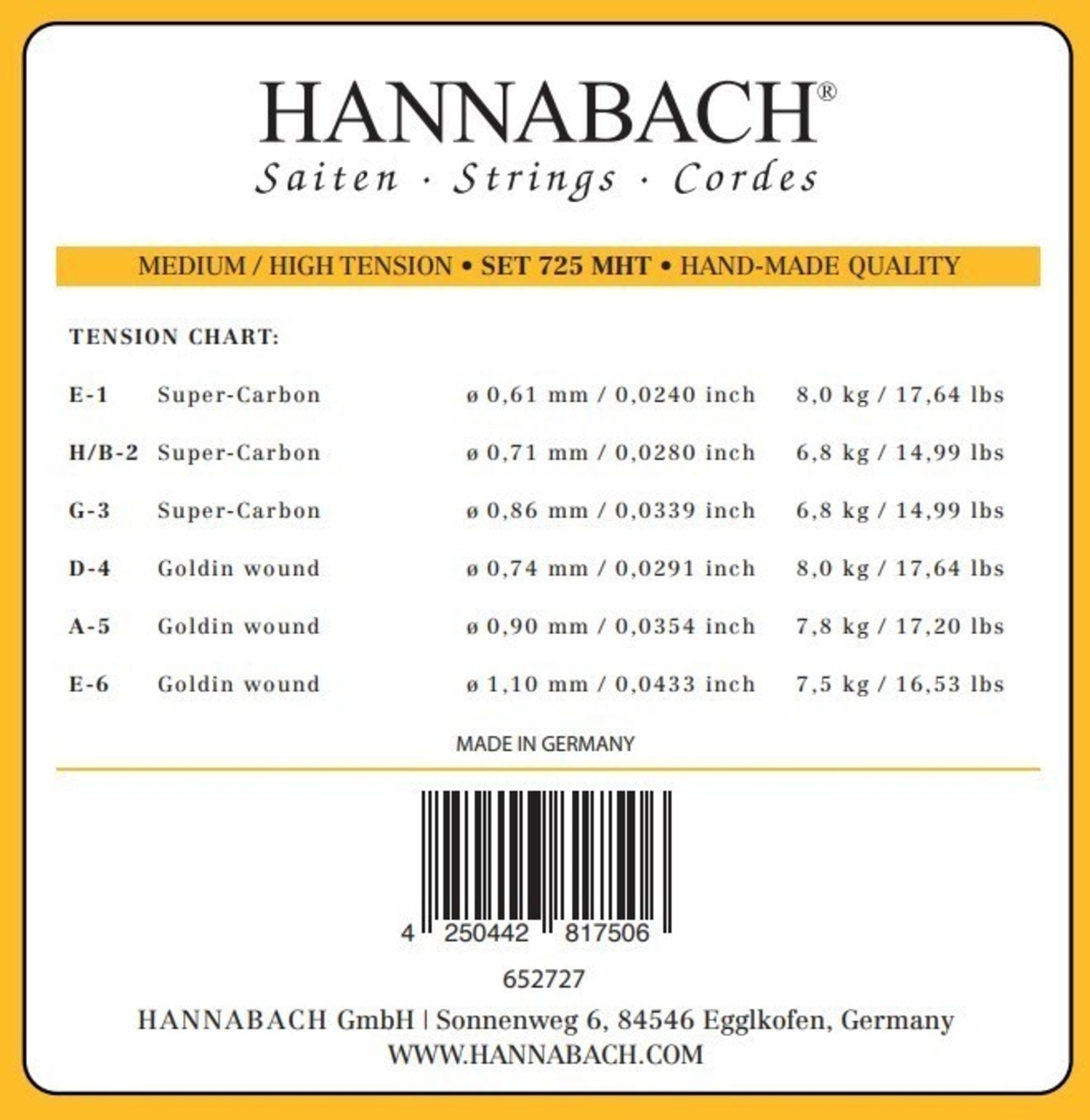 Hannabach Strängar för klassisk gitarr Serie 725 Medium/High Tension Goldin - Set med 3 bassträngar (7257MHT)