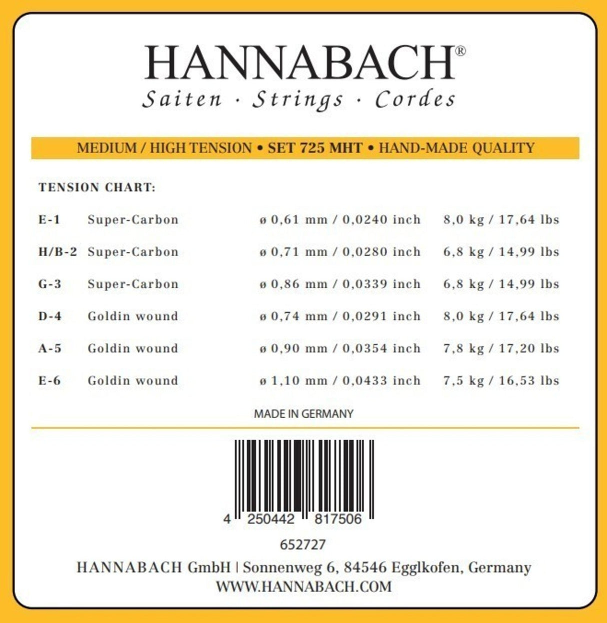Hannabach strängar för klassisk gitarr serie 725 Medium/High Tension Goldin – diskantset 3 st (7258MHTC)