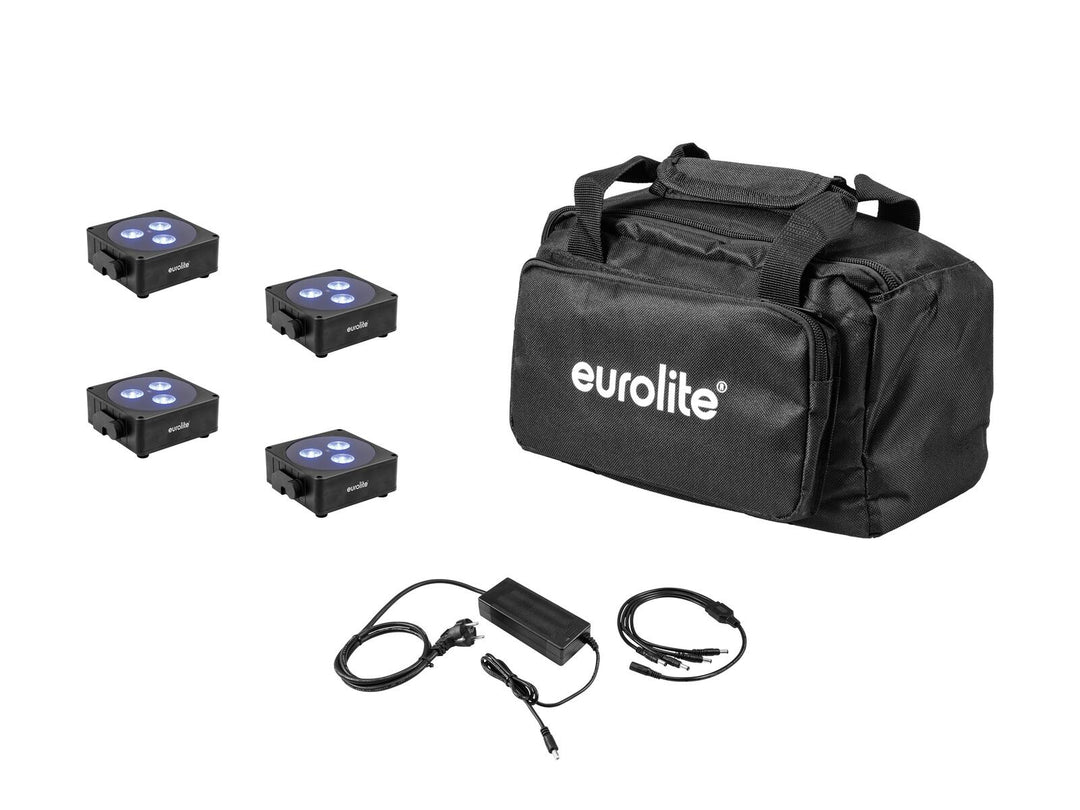 EUROLITE Set 4x AKKU Flat Light 3 bk + laddare + mjuk väska