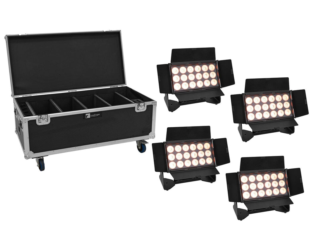 EUROLITE Set 4x AKKU Multiflood IP 18x10W RGBW Wash CRMX + Case med hjul