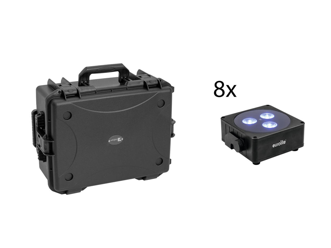 EUROLITE Set 8x AKKU Flat Light 3 bk + Plastic case with trolley