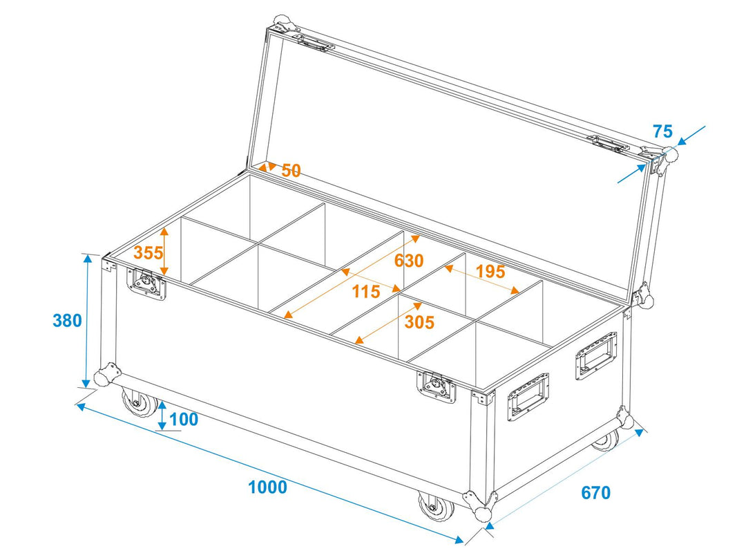 ROADINGER Flightcase för 8x LED IP PAR 12x8W QCL/12x9 SQL Spot med hjul