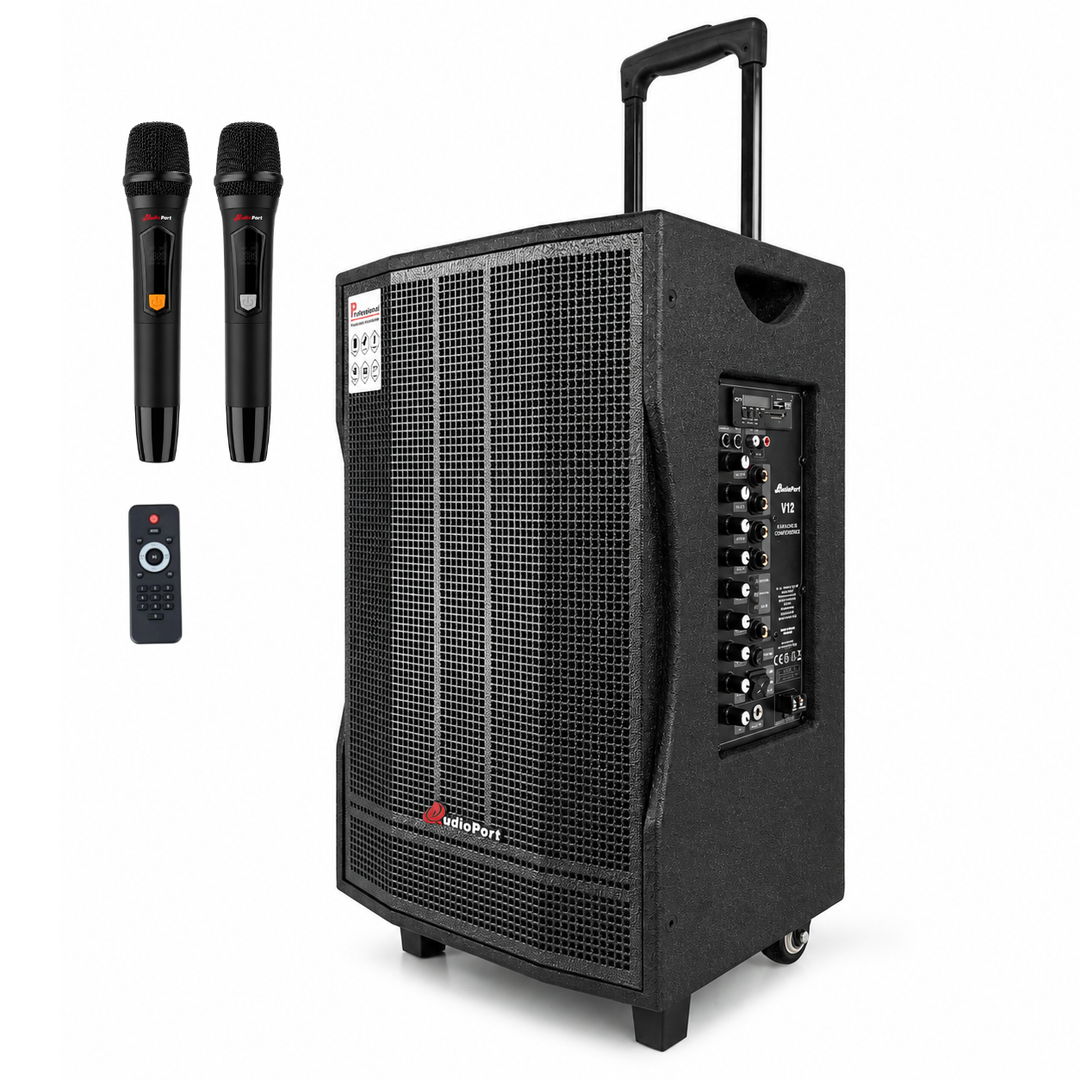 Audioport V12 transportabel aktiv högtalare 350 W med 2 mikrofoner
