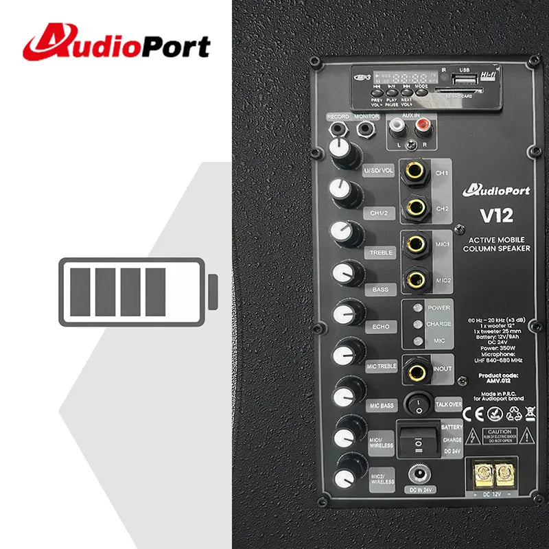 Audioport V12 transportabel aktiv högtalare 350 W med 2 mikrofoner
