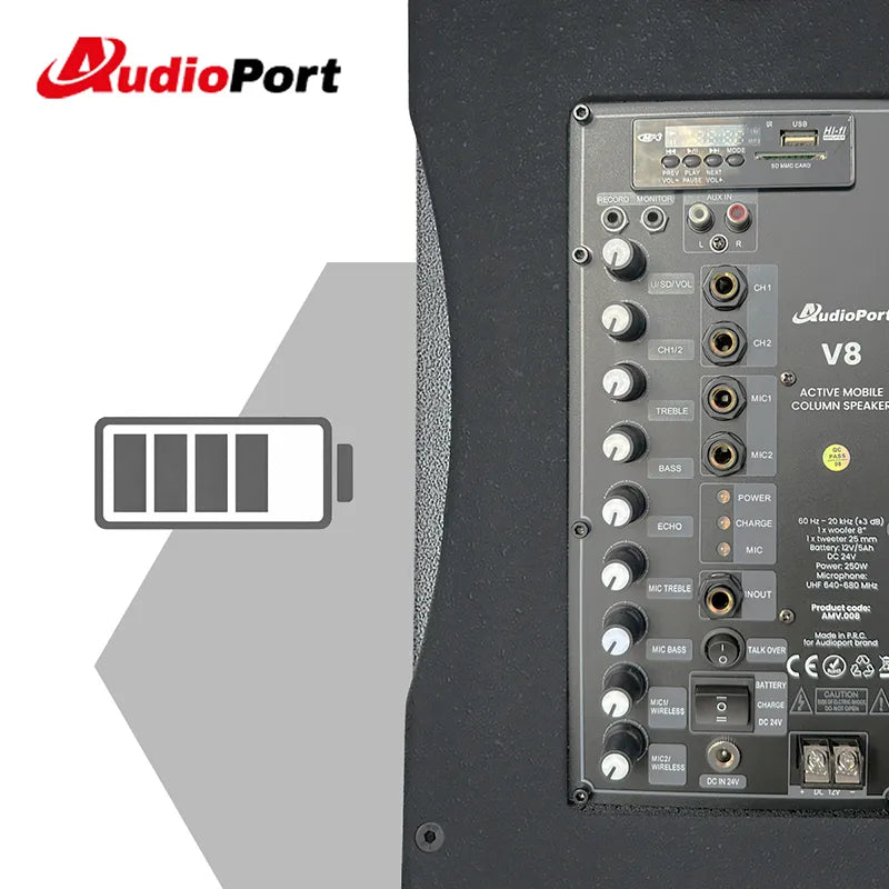 Audioport V8 transportabel aktiv högtalare 250 W med 2 mikrofoner
