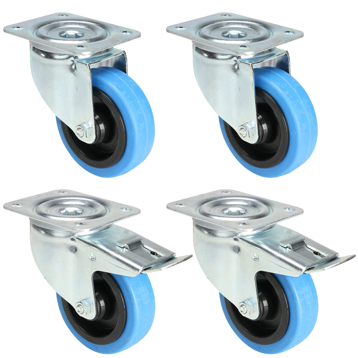4x blå hjul 2 med och 2 utan broms (100 mm)