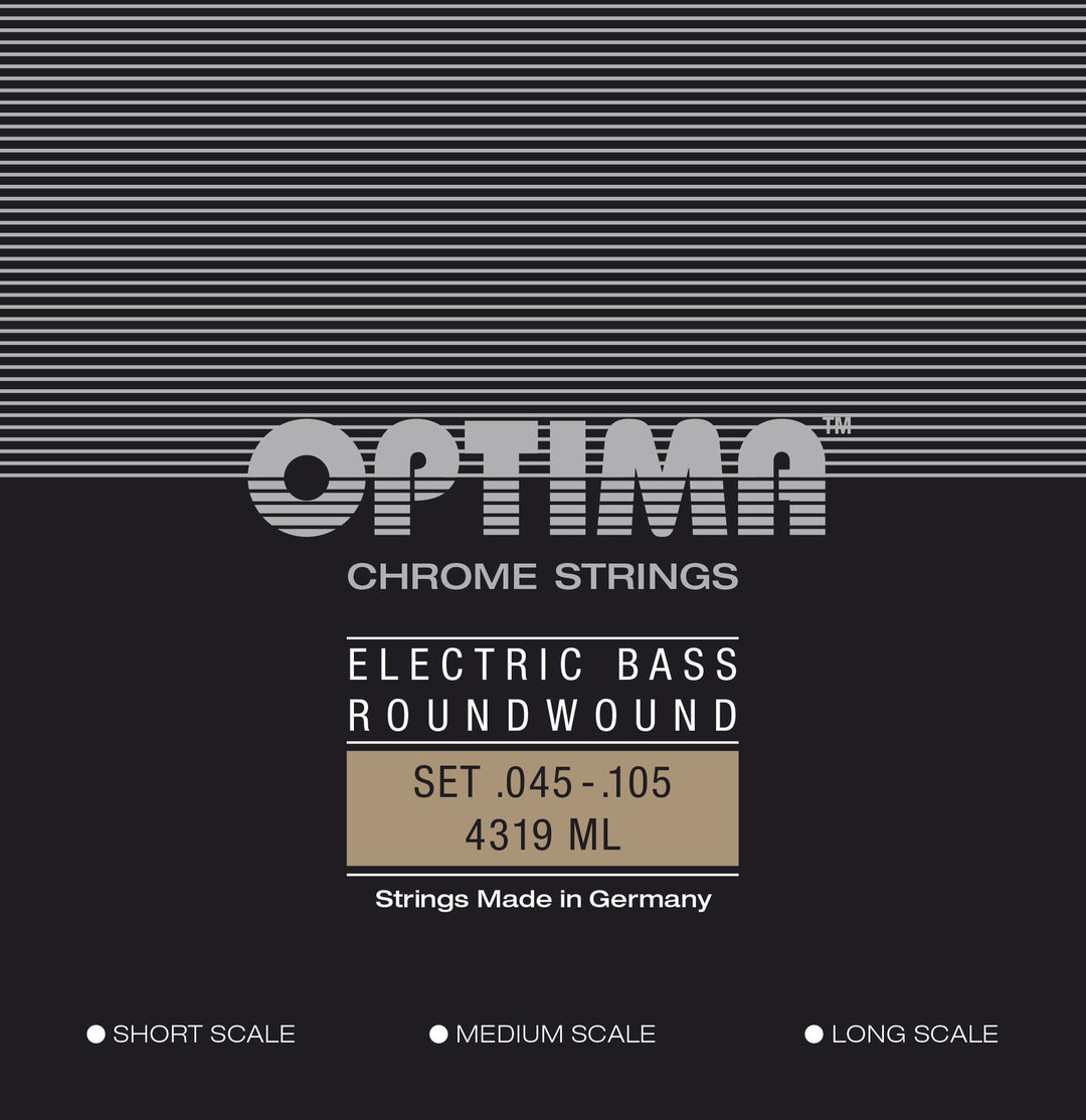 Optima E-bassträngar Chrome Strings rundspunna lång skala - Set 4-string med-light (4319ML)