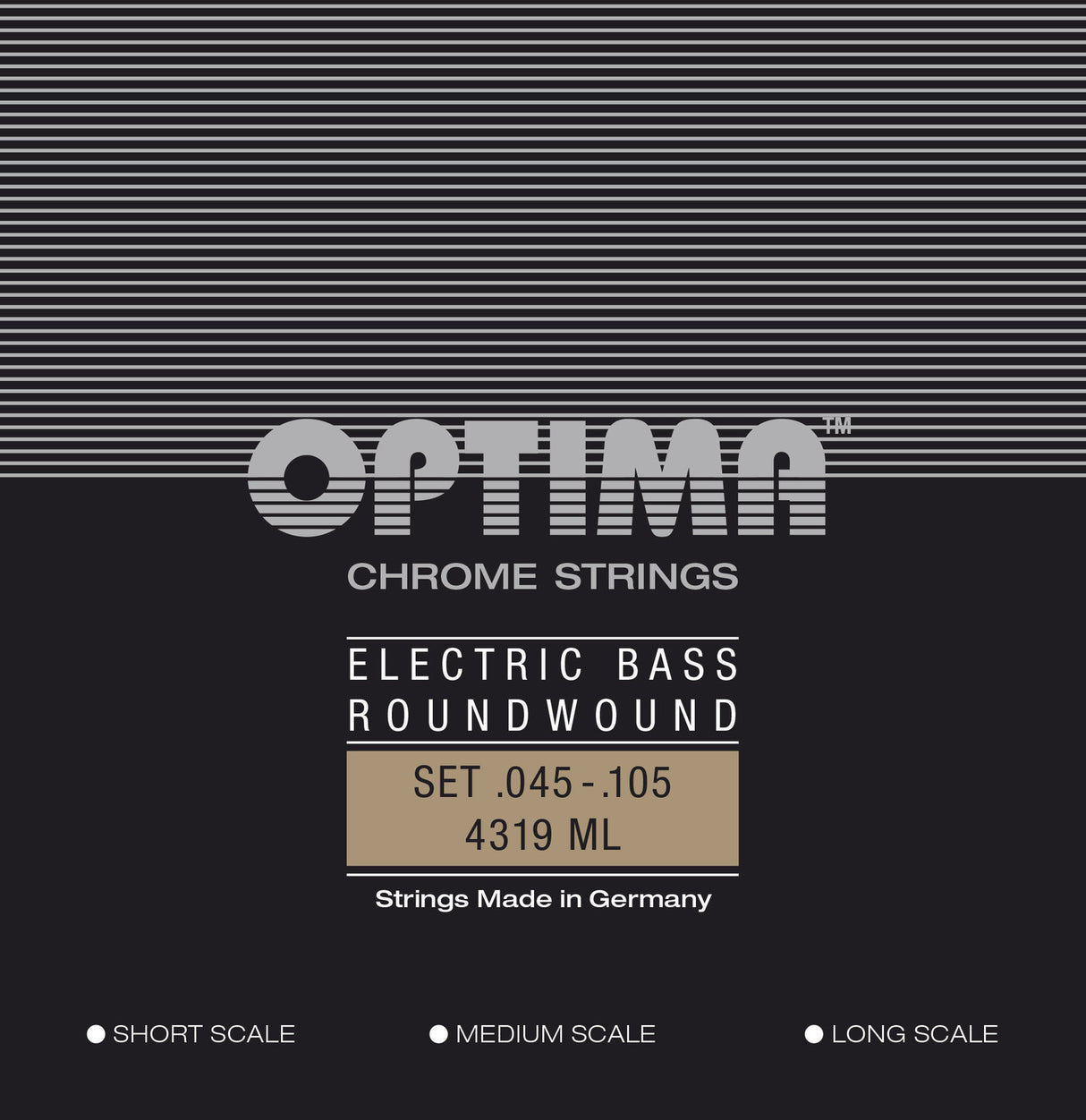 Optima E-bassträngar Chrome Strings rundspunna lång skala - Set 4-string med-light (4319ML)