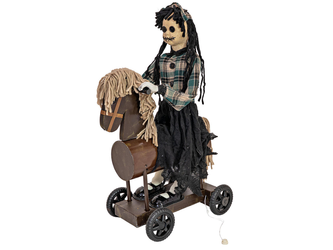 Halloween-figur pige på pony, animeret, 90 cm