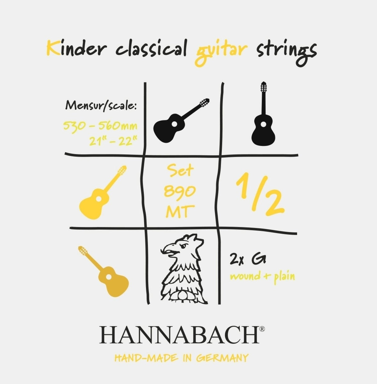 Hannabach strängar för klassisk gitarr serie 890 1/2 klassisk gitarr för barn Mensur: 53-56 cm - Set med 2 G-strängar (890MT 1/2)