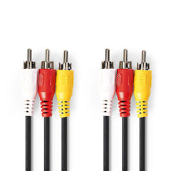 Kompositvideokabel, 3 x RCA hankontakter / 3 x RCA hankontakter, 1,5 m.