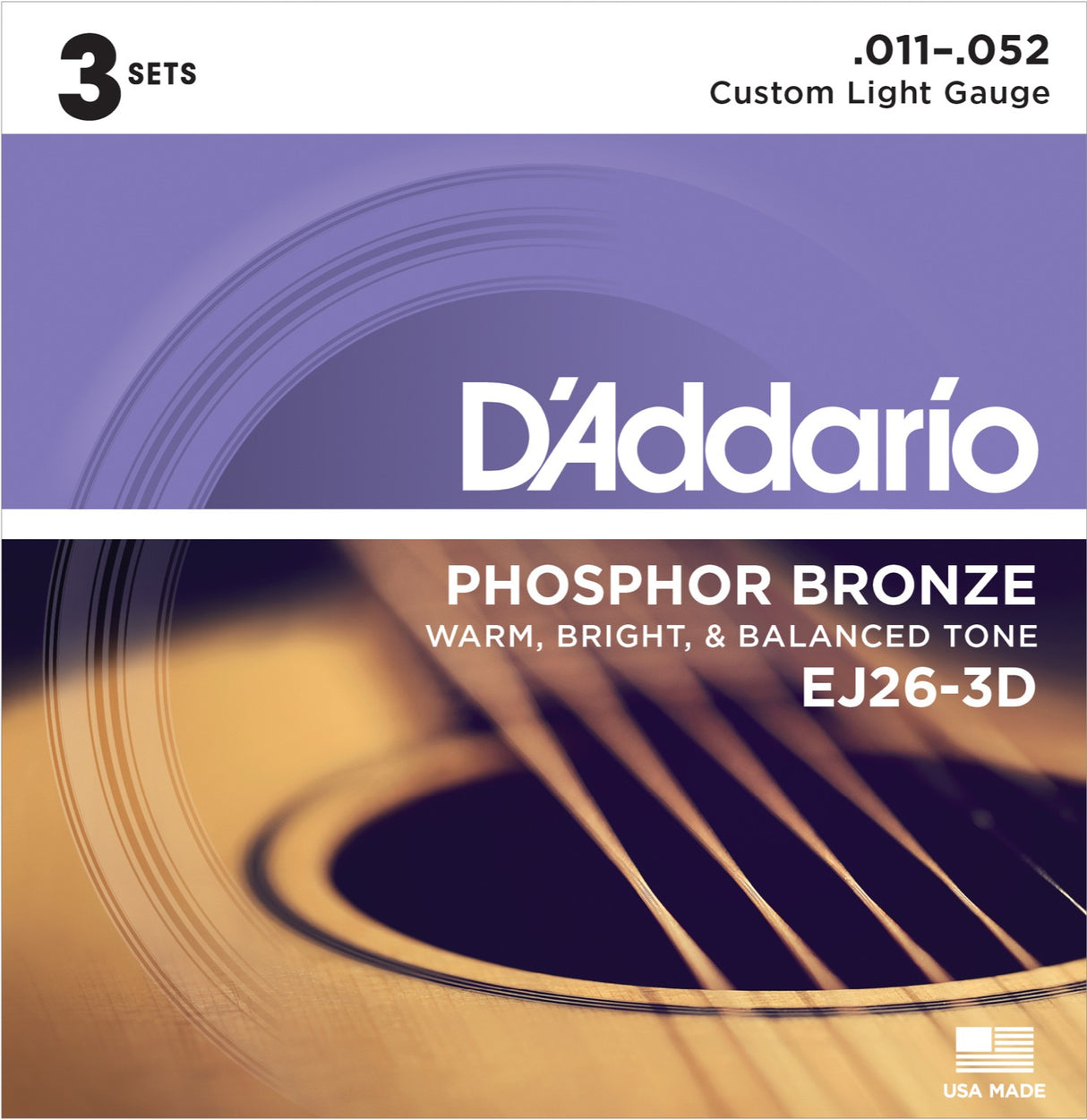 Daddario EJ26-3D fosforbrons gitarrsträngar 3-pack (Custom Light, 11-52)