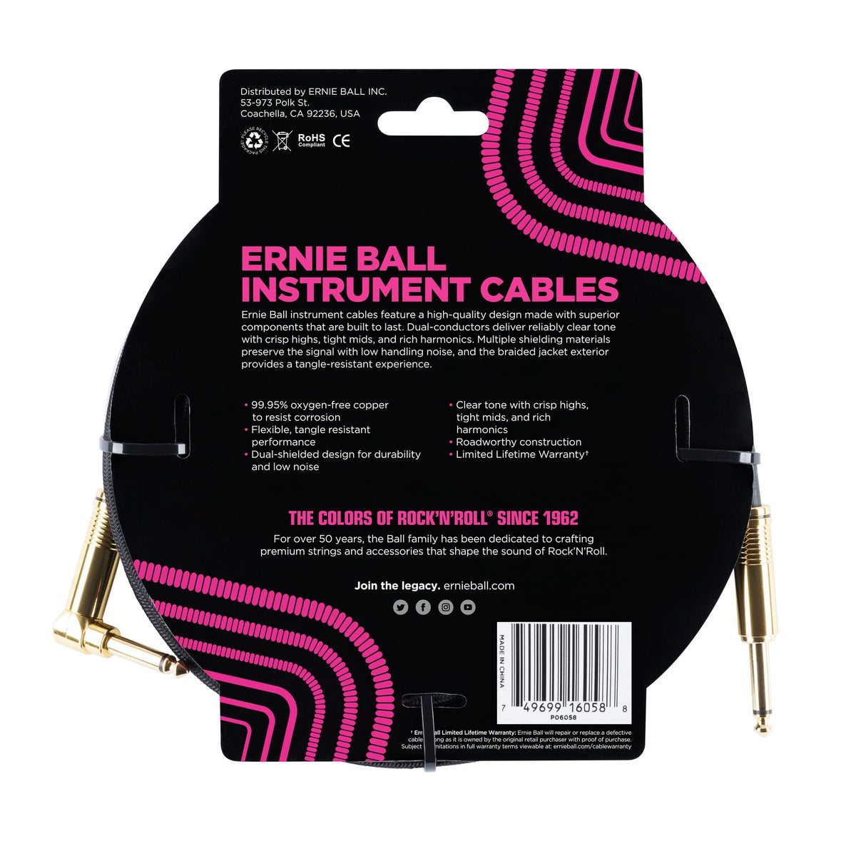 Ernie Ball 6058 gitarrkabel (svart, 7,5 m)