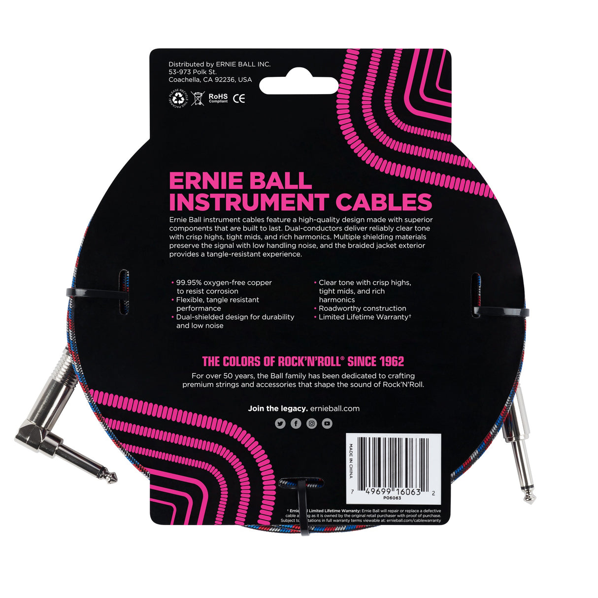 Ernie Ball 6063 gitarrkabel (svart, röd, vit, 7,5 m)