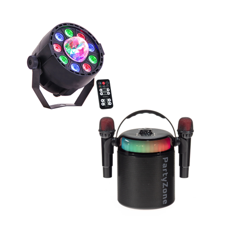 PartyZone Karaoke Set med 2 Mikrofoner (Svart) & LED PAR-ASTRO 2-i-1 Diskoljus