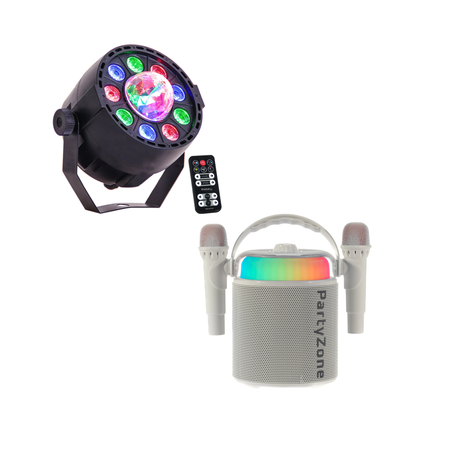 PartyZone Karaoke Set med 2 Mikrofoner (Vit) & LED PAR-ASTRO 2-i-1 Diskoljus