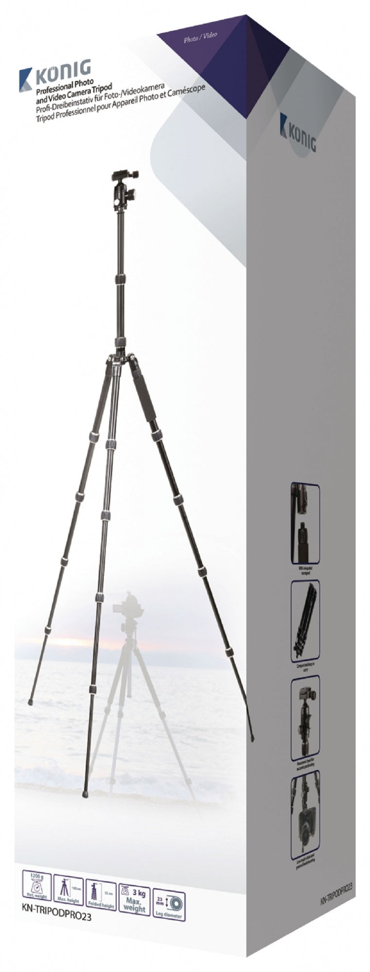 Professional Kamera/video Stativ Kulhuvud 145 cm Svart