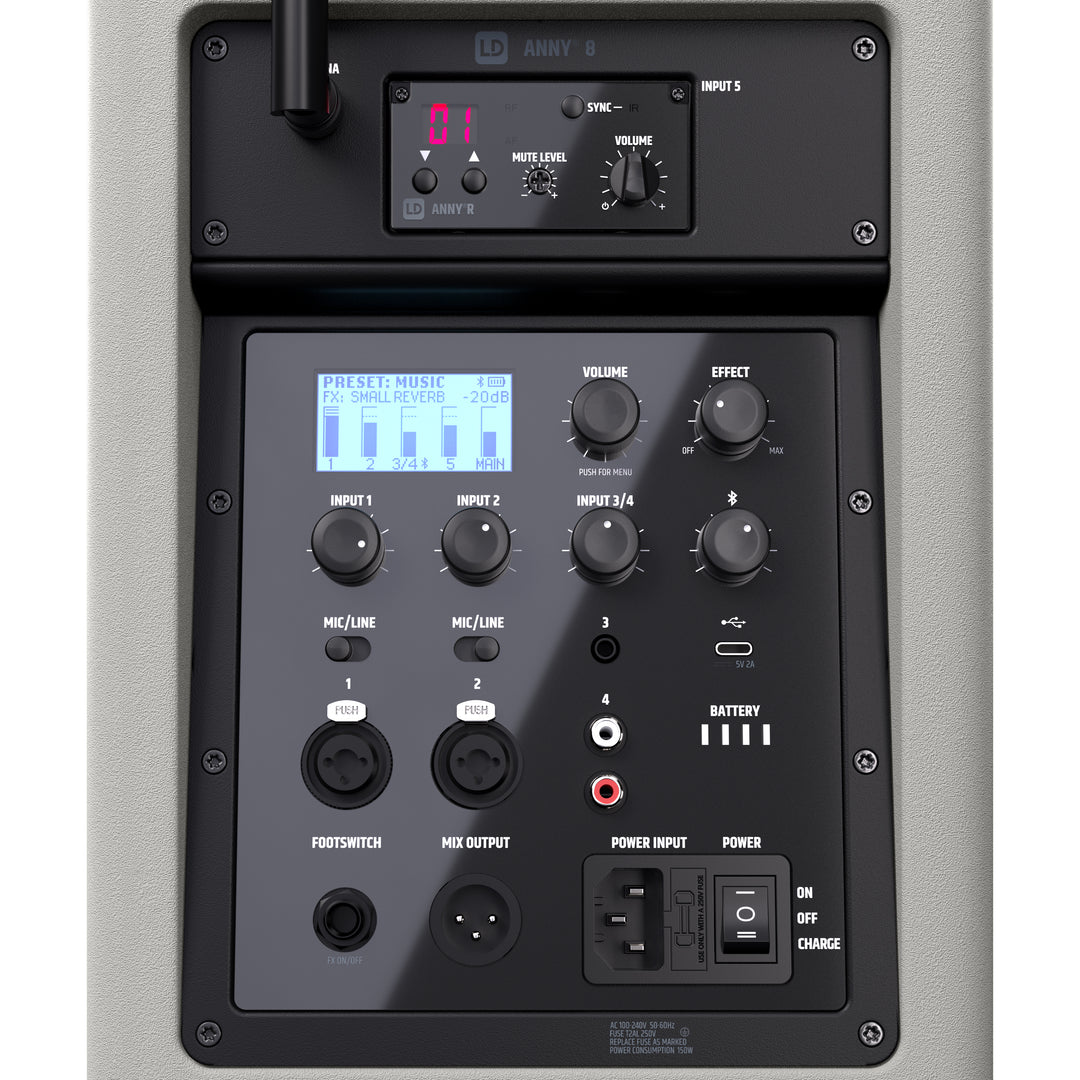 LD Systems ANNY® 8 BPH B6 G - Portabel batteridriven Bluetooth® PA-högtalare med mixer och 1x headsetmikrofon (inkl. bodypack), Urban Grey