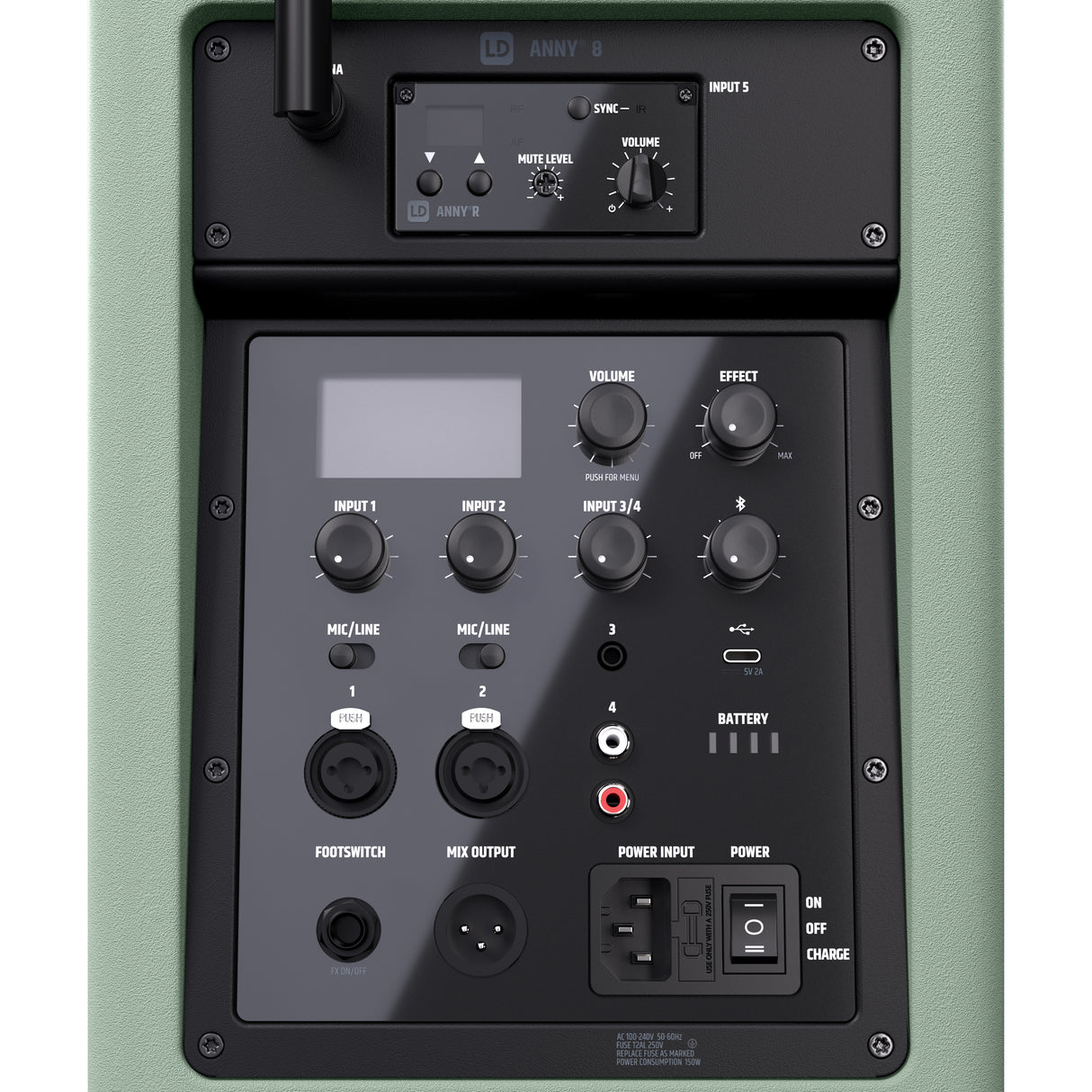 LD Systems ANNY® 8 HHD B5 GN - Portabel batteridriven Bluetooth® PA-högtalare med mixer och 1x trådlös handhållen mikrofon, Adventure Green