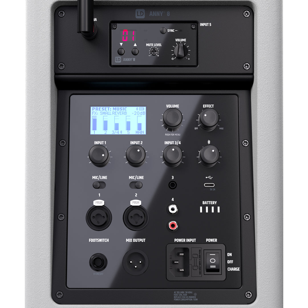 LD Systems ANNY® 8 HHD B6 W - Portabel batteridriven Bluetooth® PA-högtalare med mixer och 1x trådlös handhållen mikrofon, Ren vit
