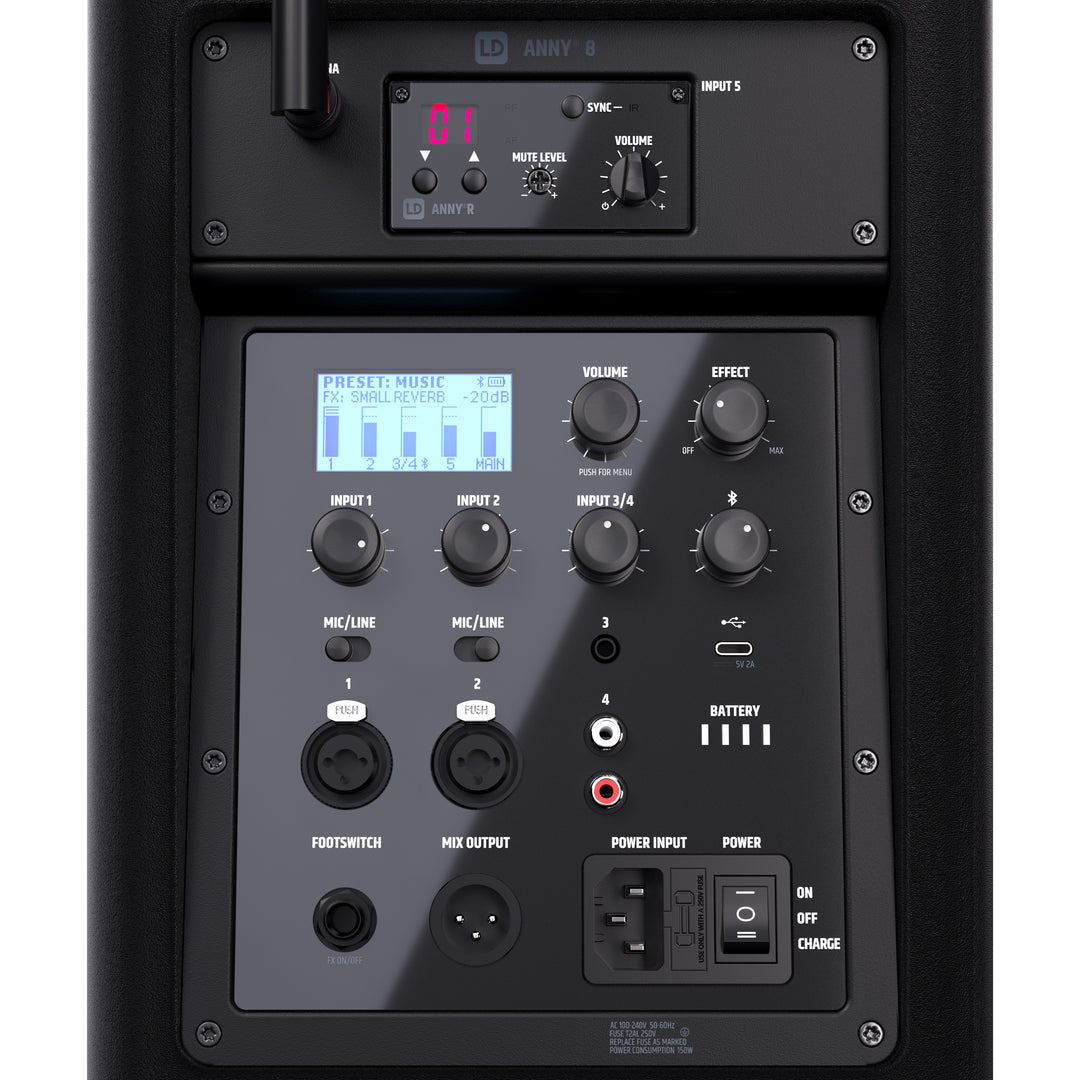 LD Systems ANNY® 8 HHD B8 - Portabel batteridriven Bluetooth® PA-högtalare med mixer och 1 x trådlös handhållen mikrofon, Stage Black