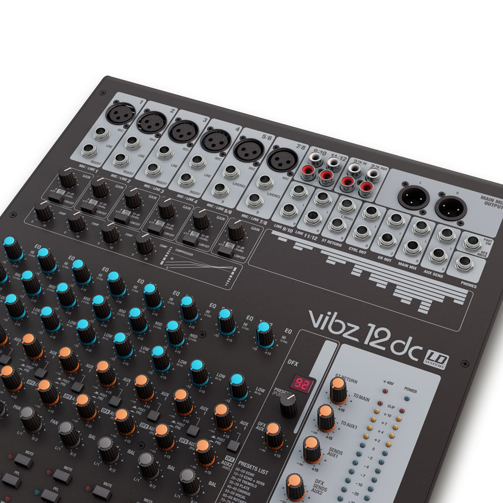 LD Systems VIBZ 12 DC - 12-kanals mixerkonsol med DFX och kompressor