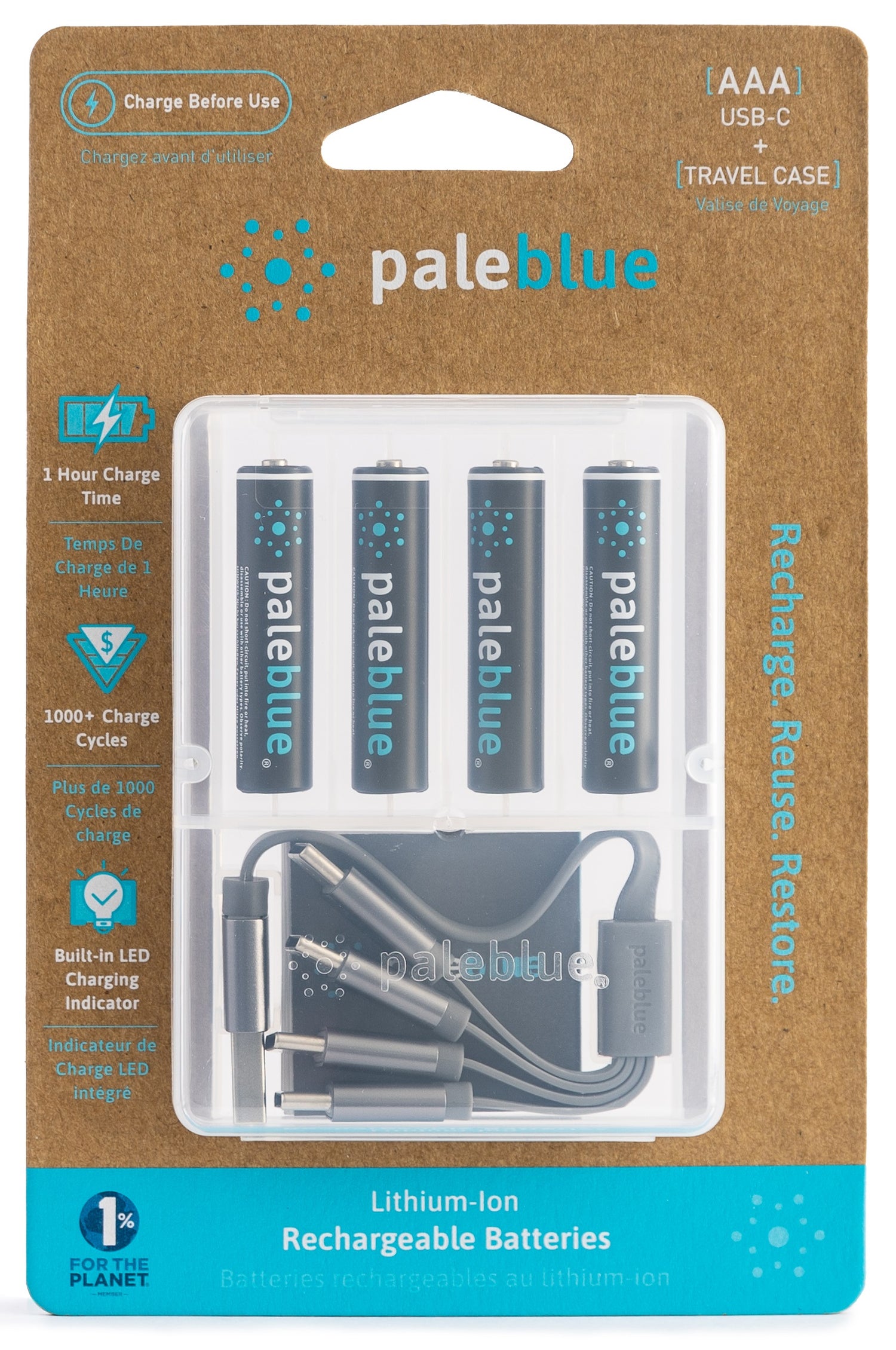 Pale Blue Li-Ion Rechargeabl AAA Battery 4-pack AAA w/ 4x1 charging cable USB-C