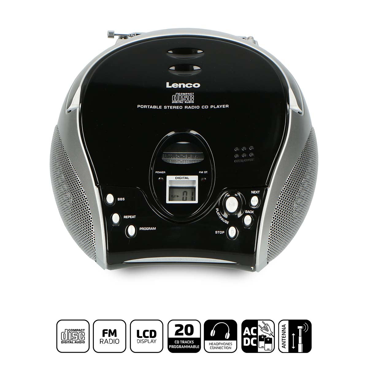 Portabel stereo FM-radio med CD-spelare Svart/silver