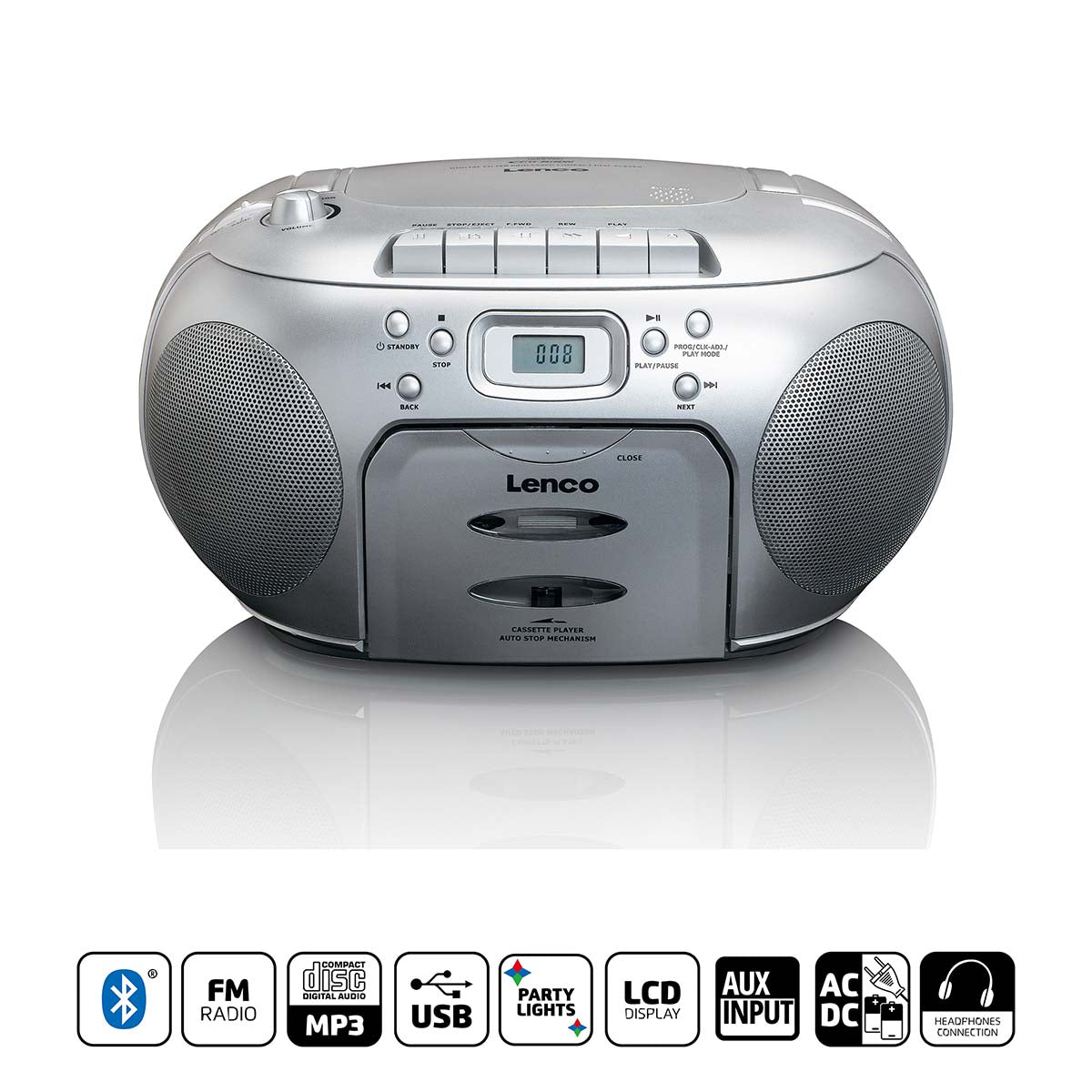 Portabel FM-radio med CD- och kassettspelare, Silver