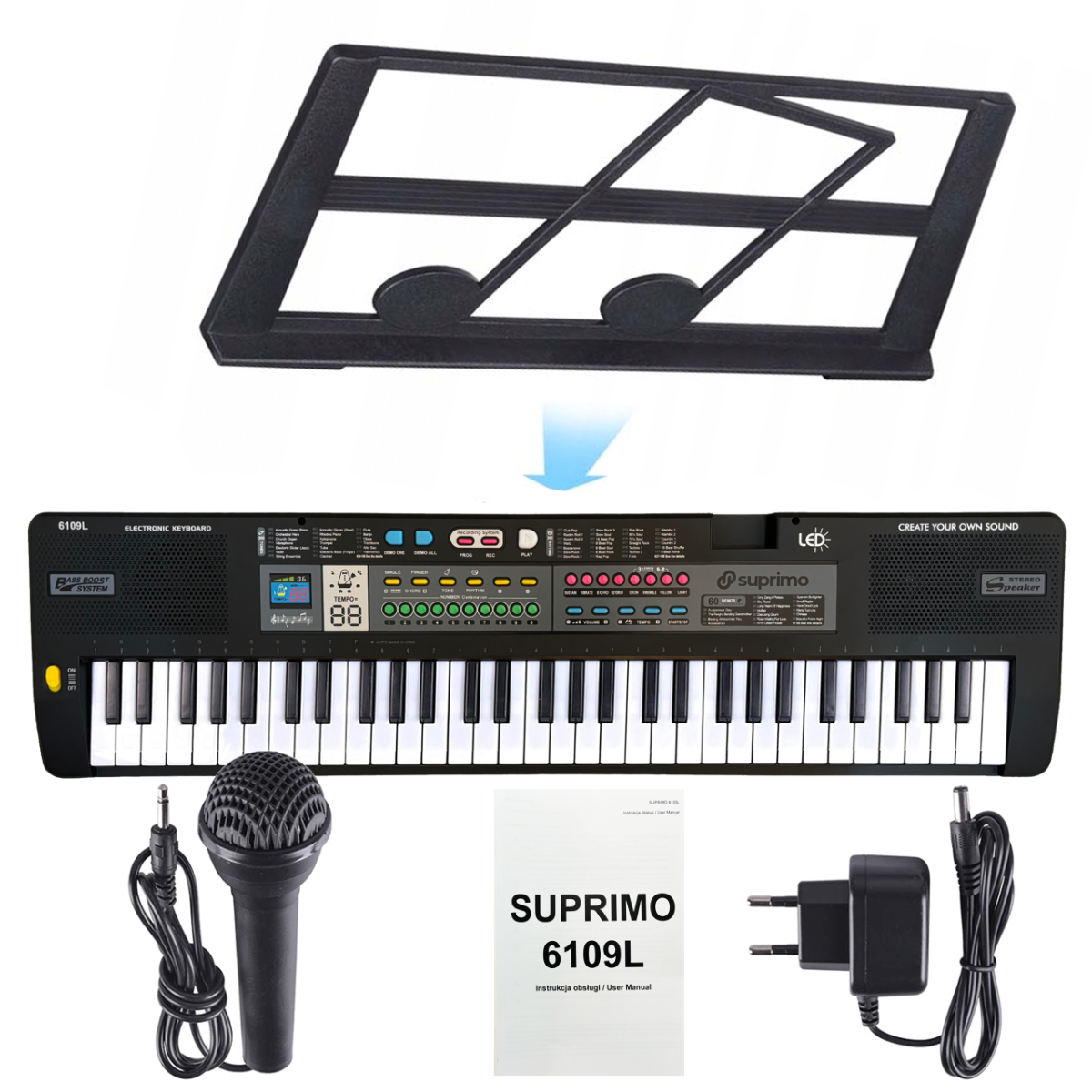 SUPRIMO 6109L Keyboard med Lysende Tangenter, Mikrofon og Nodestativ