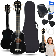 Ukulele-set med fodral, stämapparat och tillbehör, svart