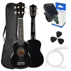 Ukulele-set med fodral, stämapparat och tillbehör, svart