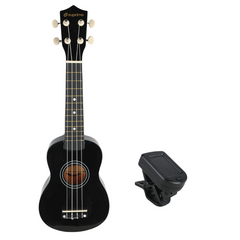 Ukulele-set med fodral, stämapparat och tillbehör, svart