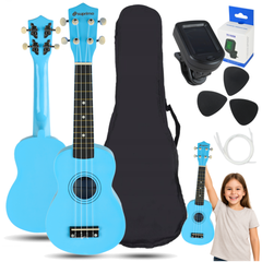 Ukuleleset med fodral, stämapparat och tillbehör, blå