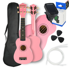 Ukuleleset med fodral, tuner och tillbehör, rosa