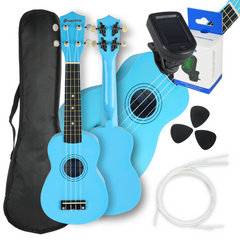Ukuleleset med fodral, stämapparat och tillbehör, blå
