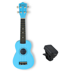 Ukuleleset med fodral, stämapparat och tillbehör, blå
