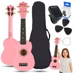 Ukuleleset med fodral, tuner och tillbehör, rosa